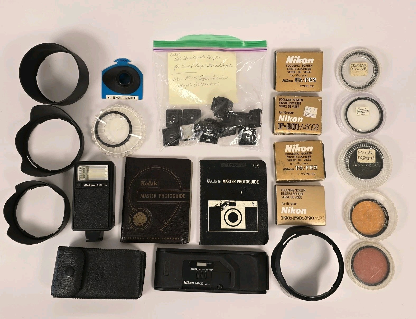 HUGE Lot of VINTAGE Nikon & Kodak Photography Equipment Gear Filters Hoods Flash