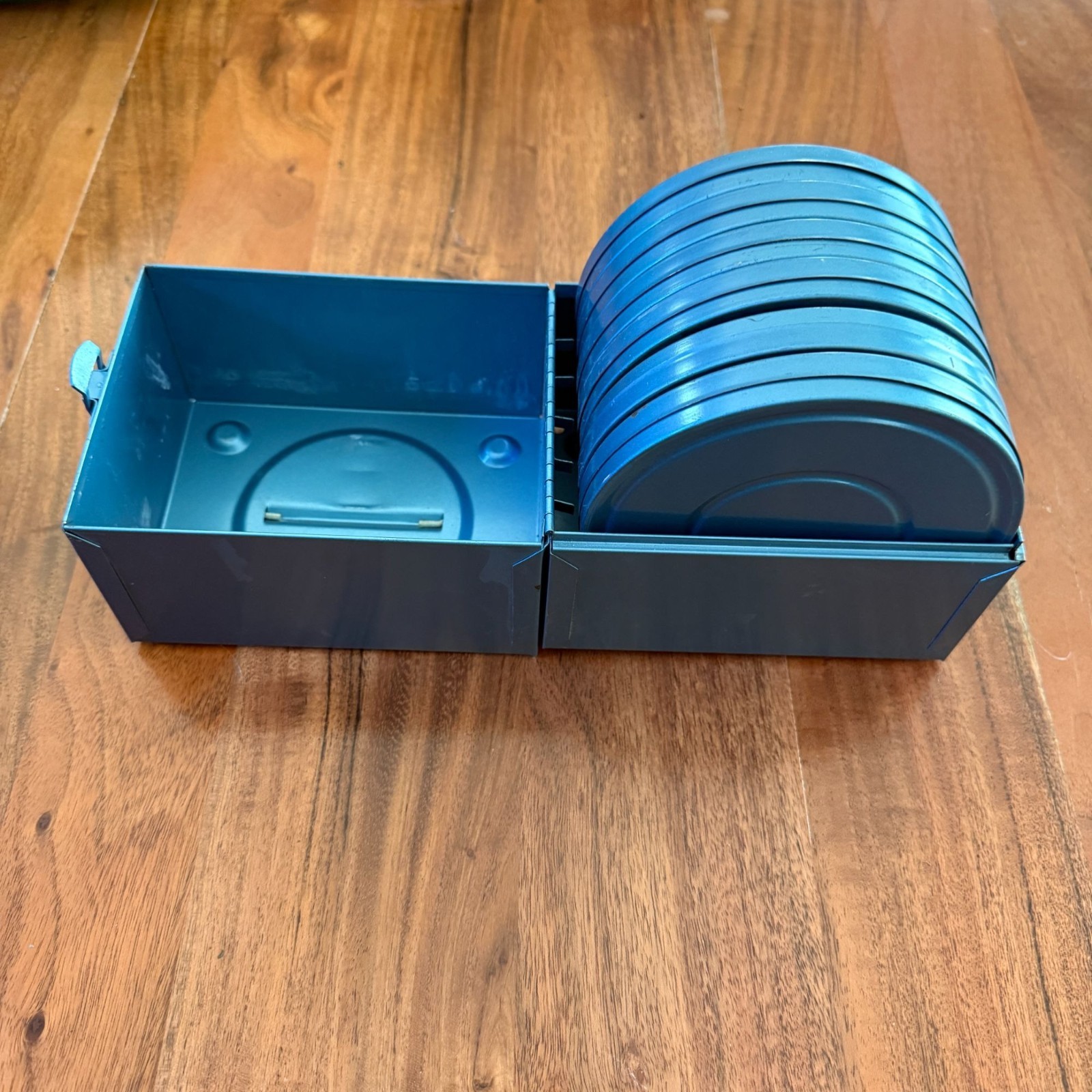 Vintage Compco Blue Metal Film Reel Storage Case Box w/ 6 Metal Canisters 8mm