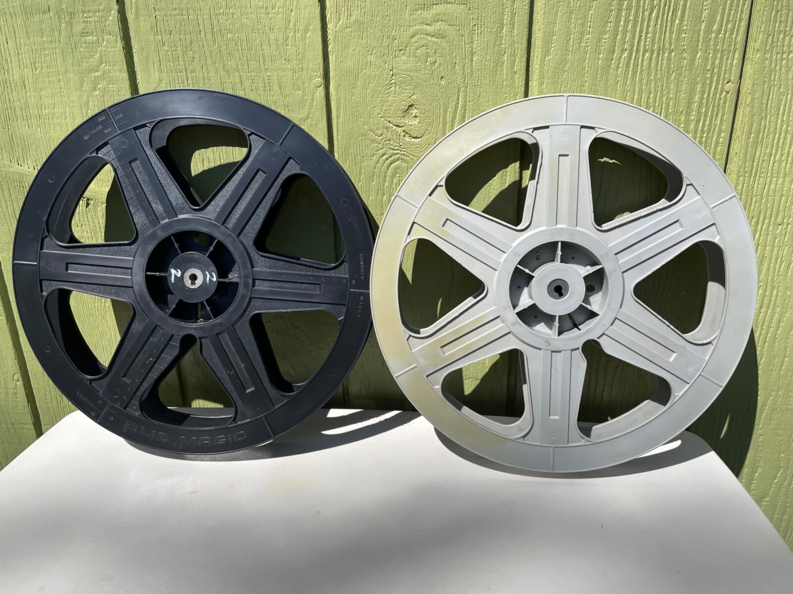 2 Vintage Plio Magic? Plastic Movie Film Reel 35mm 14-3/8″ Black Grey 6 Hole