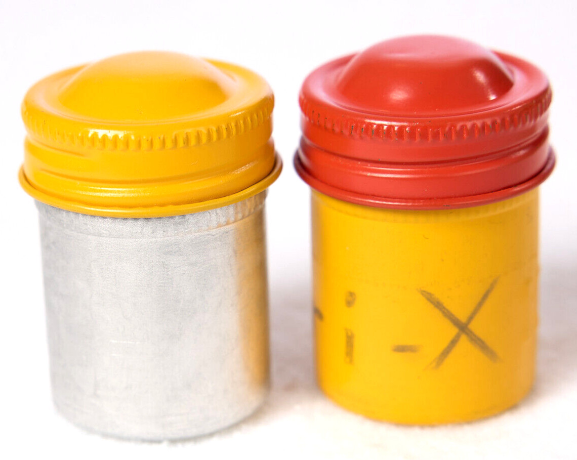 Lot of 2 – Vintage Kodak Metal 35mm Film Canisters Silver Yellow Orange
