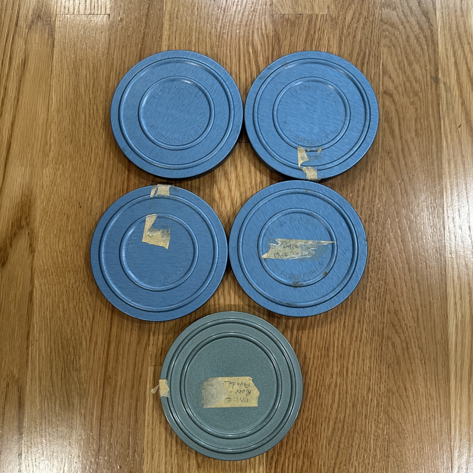 Lot of 5 Blue/Gray 8mm Film 5” 200’ Metal Reels & Cans Made USA Penn Camera