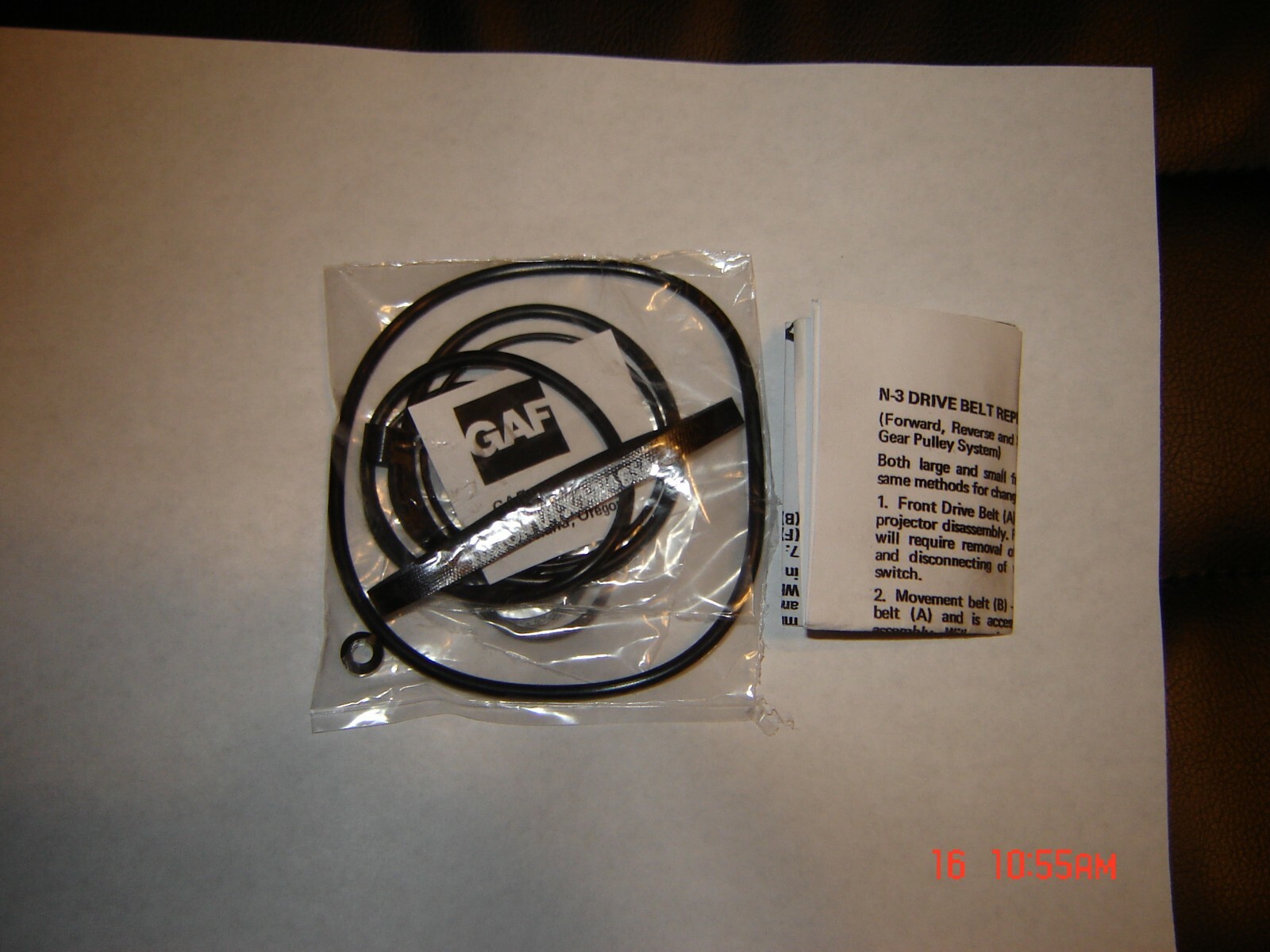 GAF Ansco 1688Z Projector Belt Complete Rebuild Set,& Instructions,11 Belt/Tire