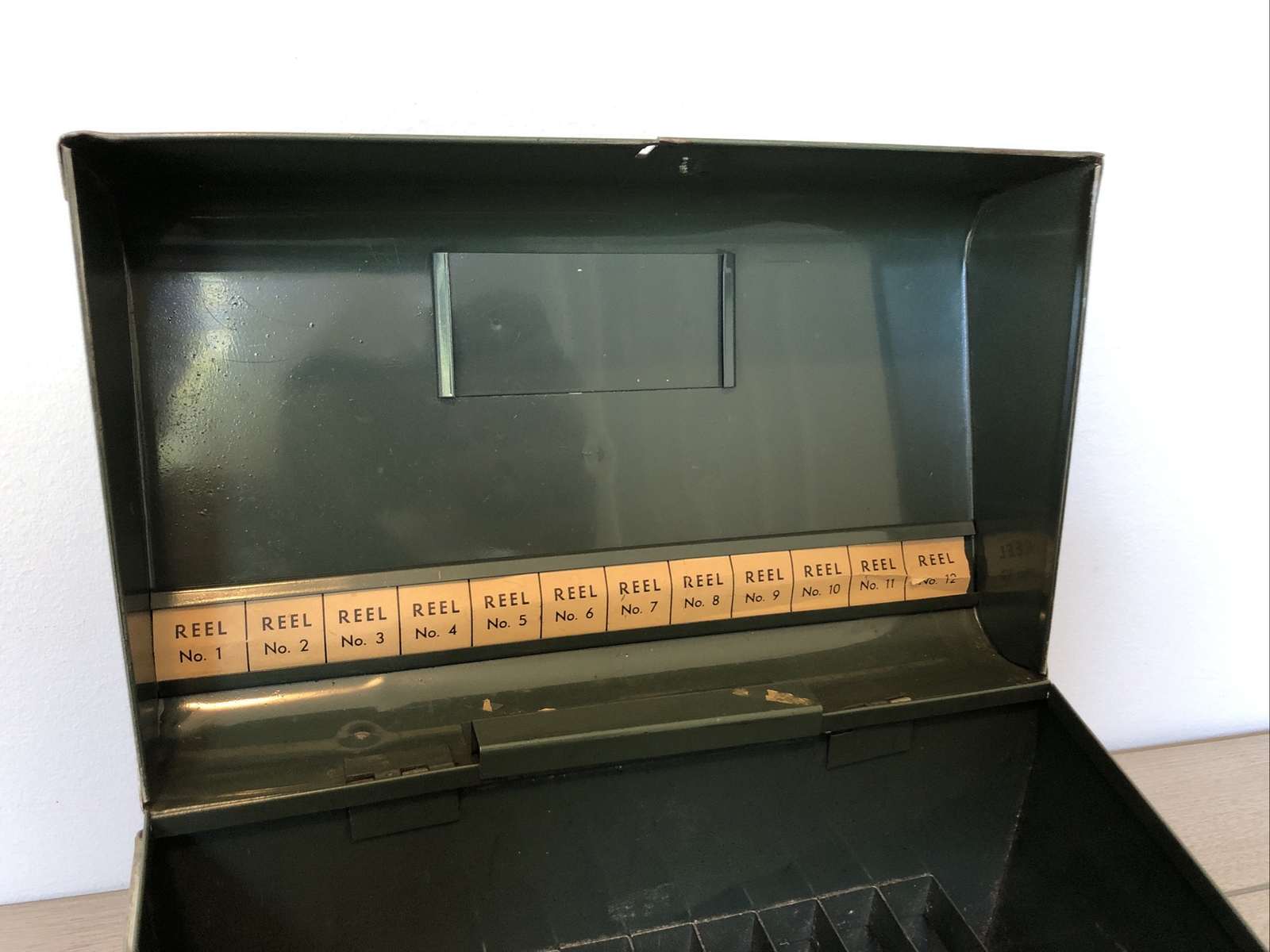 Vintage Metal Storage Case Box for 8mm Movie Reels, Holds 12, Latched w/ Handle