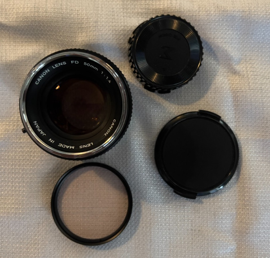 Vintage Camera Gear, Case, Flash, Light Meter, Filters, Canon 50mm 1.4 FD Lens
