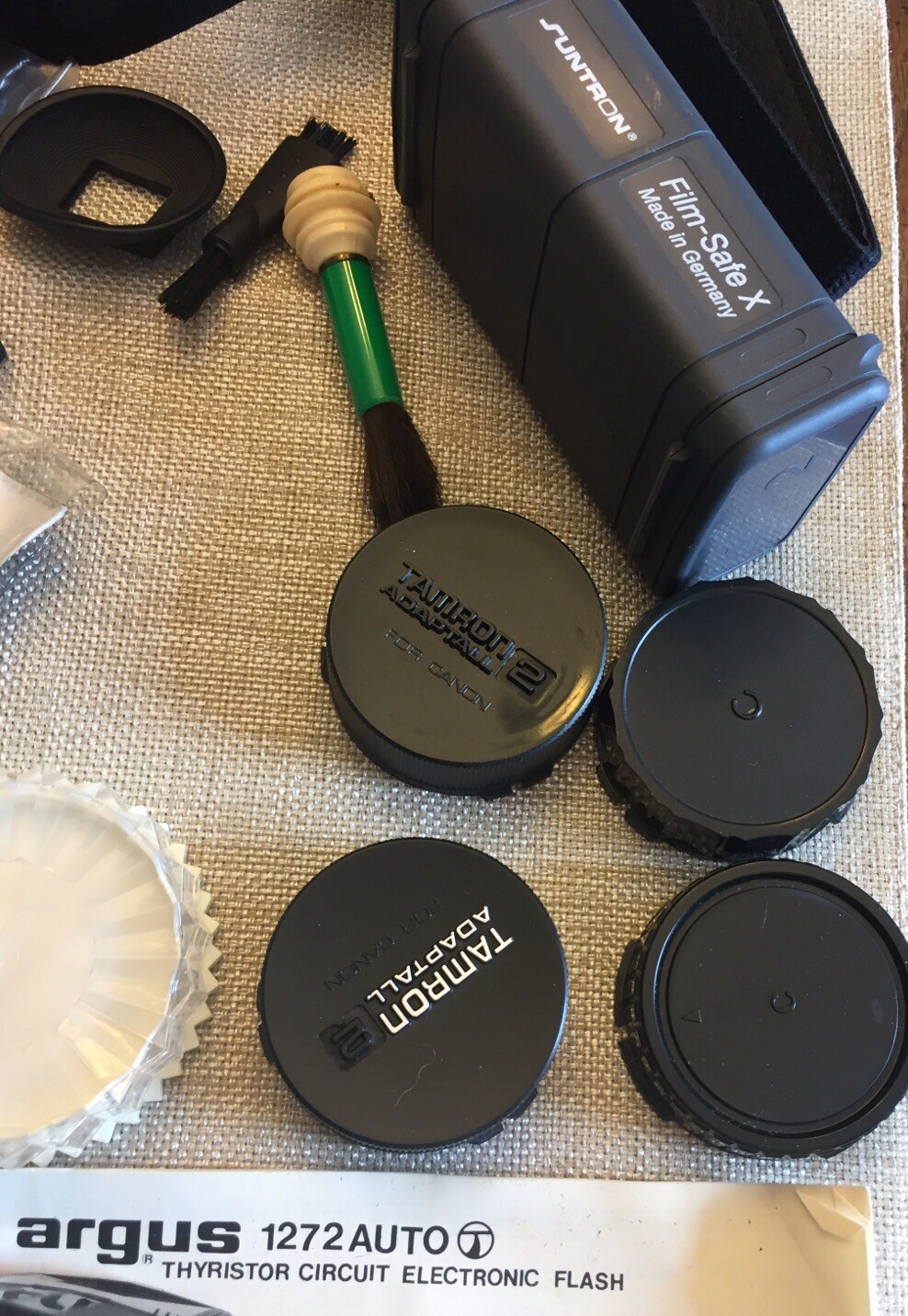 Lot 35mm camera accessories (18) Flash Straps Cap Tissue Brush FilmSafe Filters