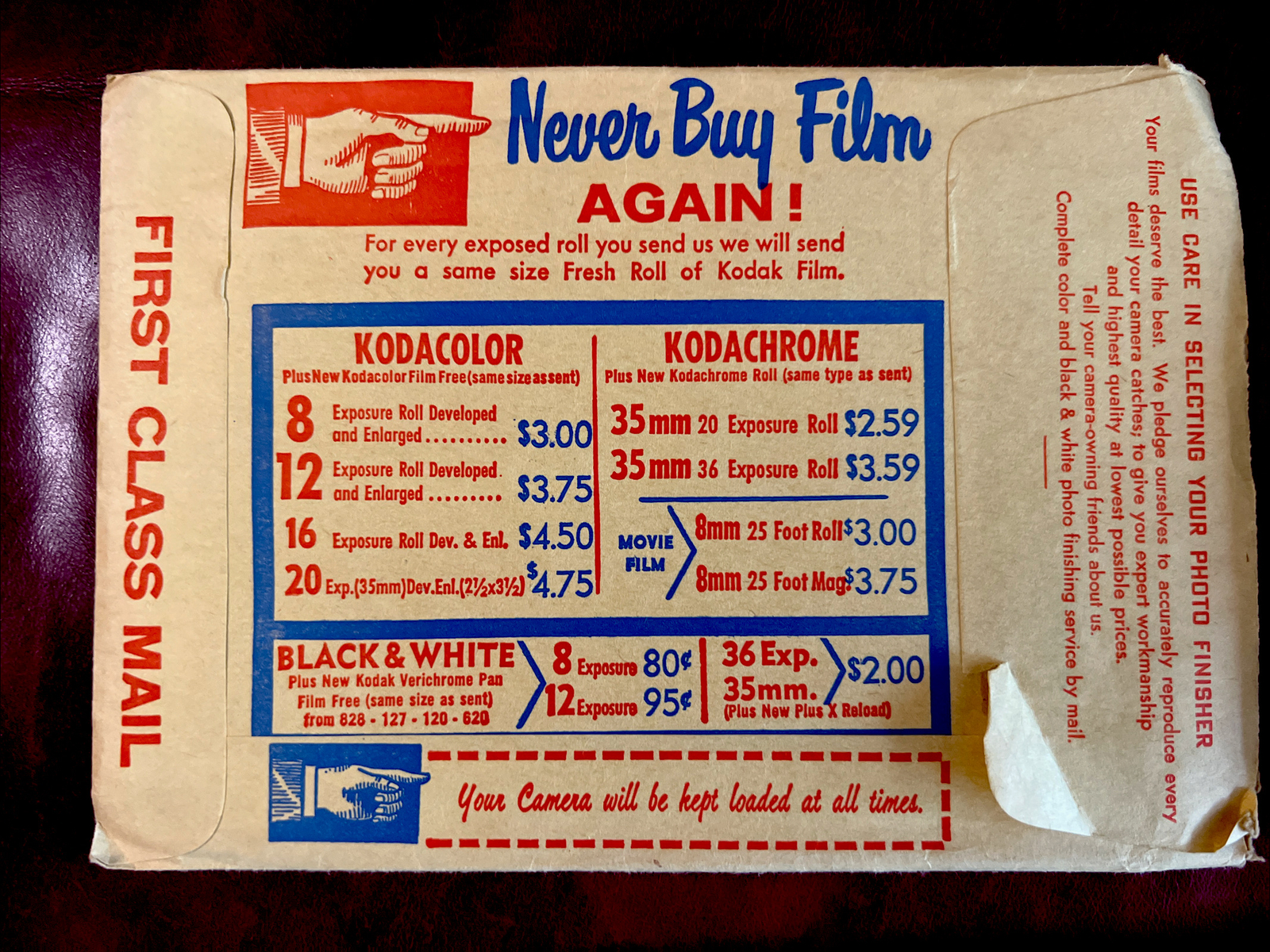 VINTAGE 1962 CUSTOM PIX LABS NEW YORK FILM PROCESSING PROMO W/ENVELOPE