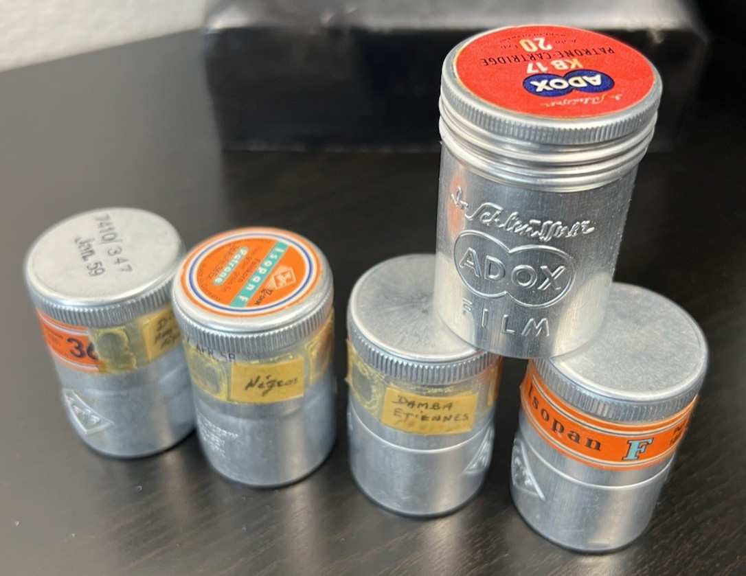 Vintage 5 aluminium 35mm film canisters ADOX and Isopan w/ Developed Film