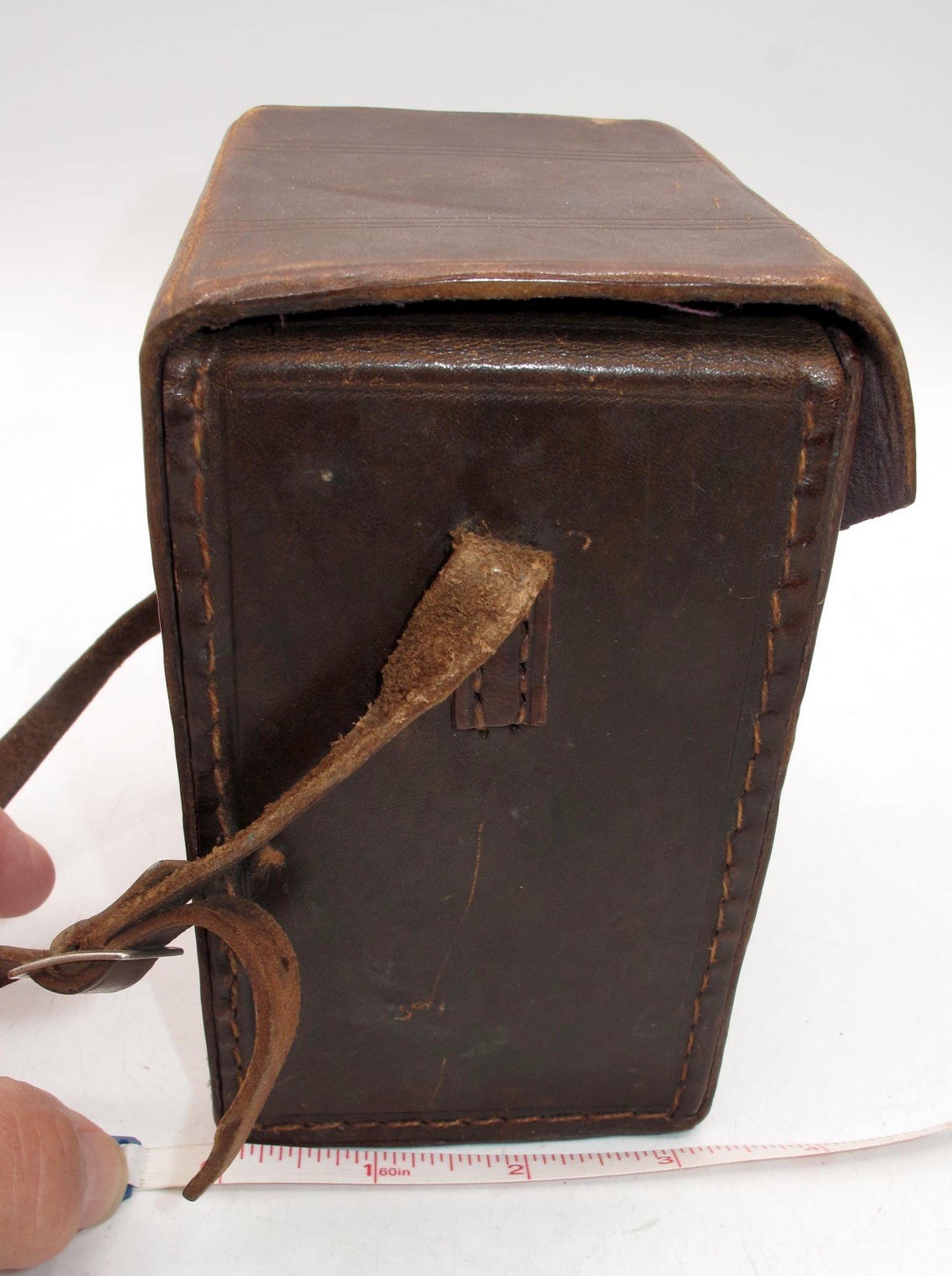 *VINTAGE* BROWN HARD CASE 5″x 5.5″ x 3″ WITH STRAP-PURPLE INTERIOR