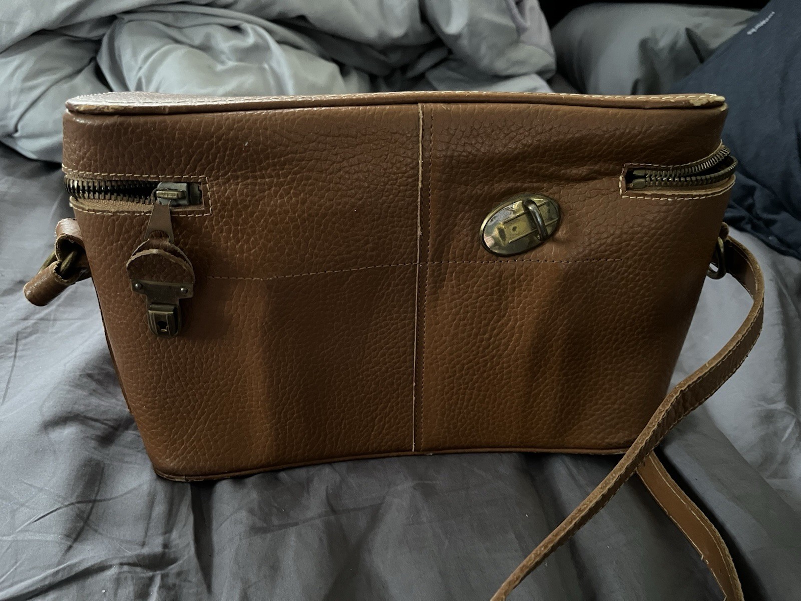 Vintage Brown Leather Camera Case with Compartments and Shoulder Strap