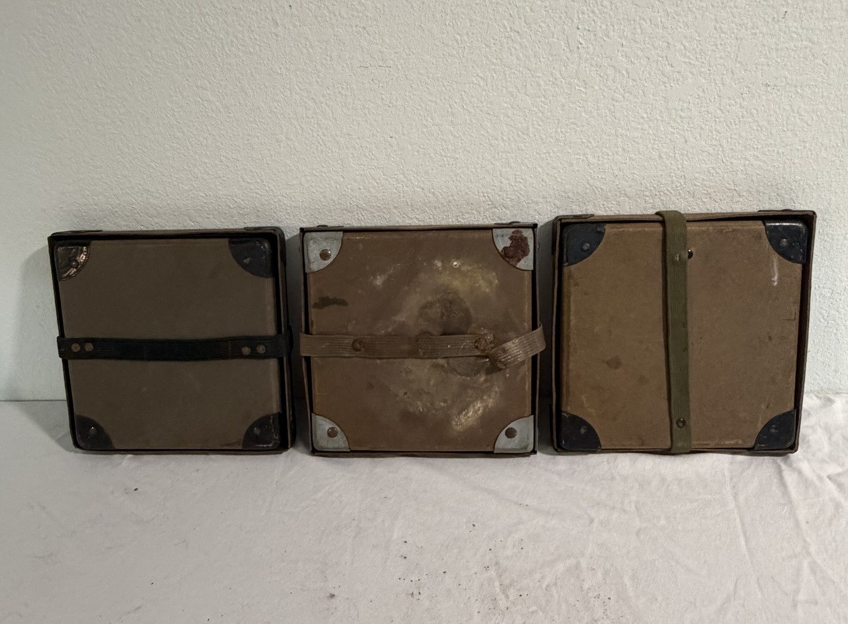 3 Vintage Film Reel Shipping Box Mid Century 16mm Fiberboard Strap W/ 3 Reels