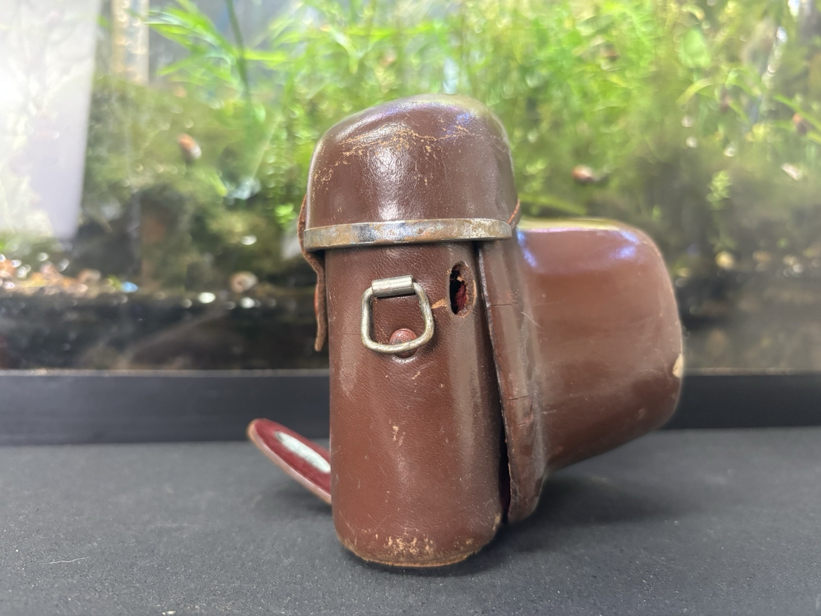 Vintage Brown Film Camera Case Made in Japan lots of wear and rust on metal.