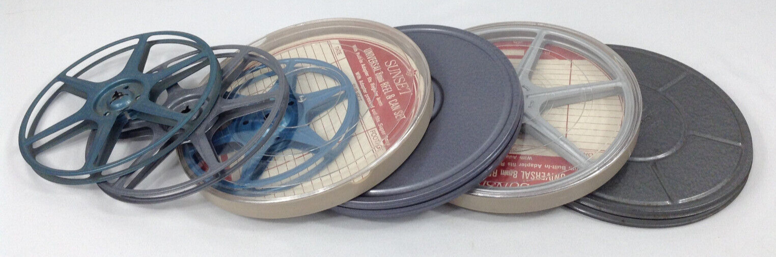 8mm Movie Metal Reel Lot of 6 reels 7″, 6″, 5″ with 4 Cases | Compco Corp, Kenco