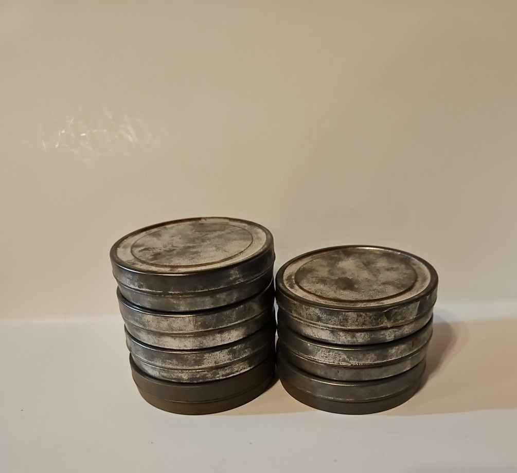 Vintage Film Canister Tin Metal Lot of 7 #R-2337 EMPTY 3.75″ D.