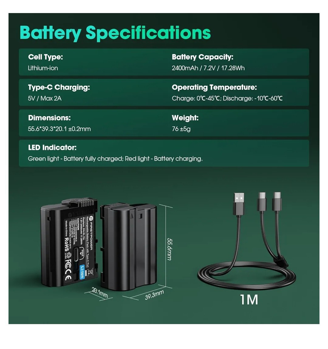 FirstPower EN-EL15C 2400mAh 2-Pack Replacement Battery with USB-C Fast Charging
