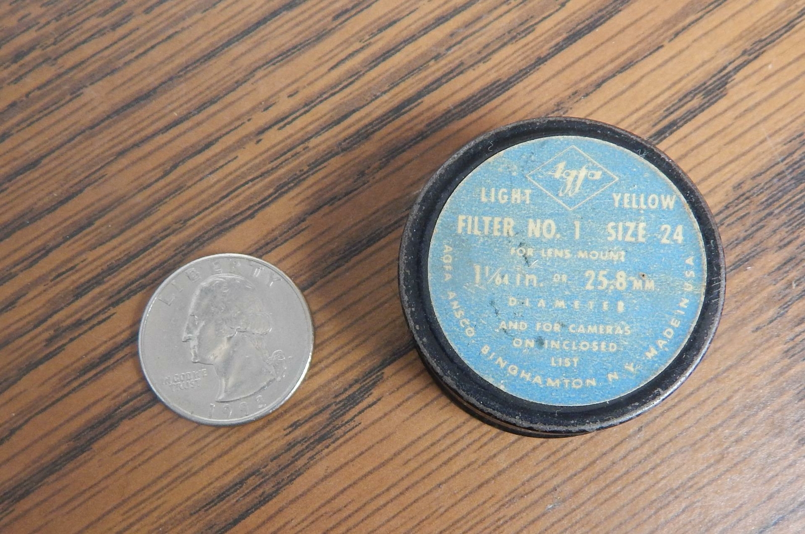 VTG AGFA Ansco 25.8mm Lt Yellow Filter w/Original Metal Tin EUC / FREE SHIPPING