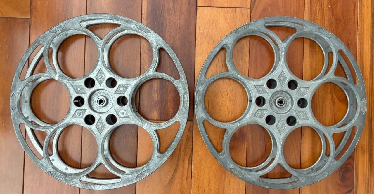 Vintage Set of 2 Goldberg Bros Denver 35MM Cast Aluminum 6 Hole 15″ Film Reels