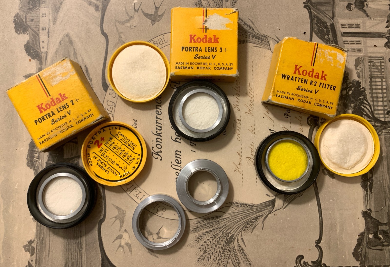 Vtg Kodak Series V Lenses Portra 2+ & 3+, Wratten K2 Filter, Lens Adapter Rings