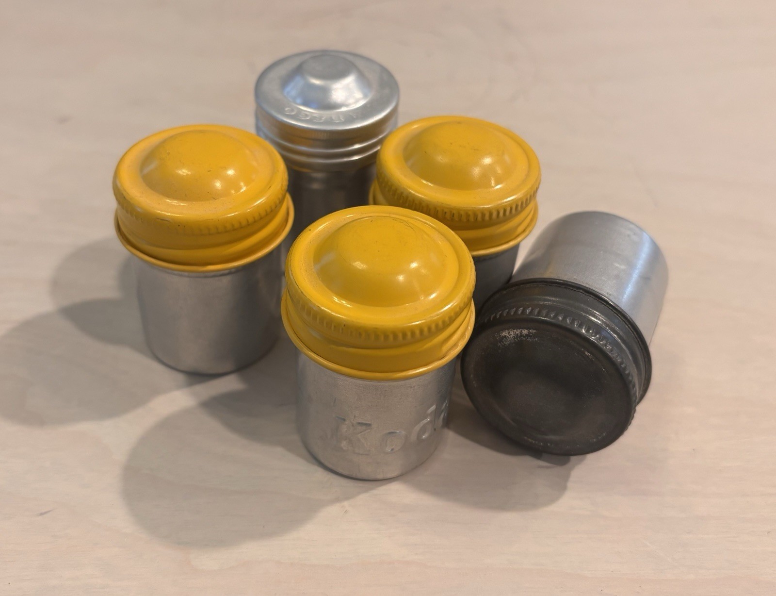 Kodak Vintage Metal Film Canisters Lot of 5 Yellow Silver Lids