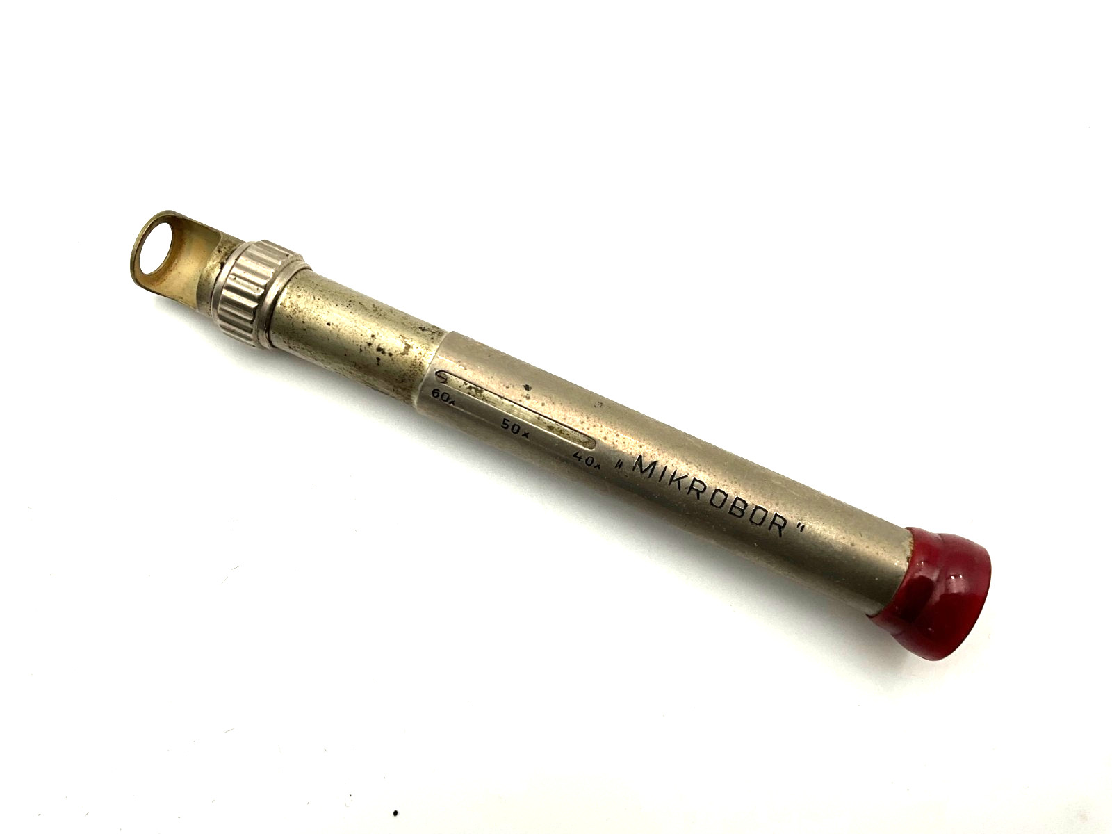 Vintage “Mikrobor” pocket inspection microscope 40×–60× metal field loupe viewer