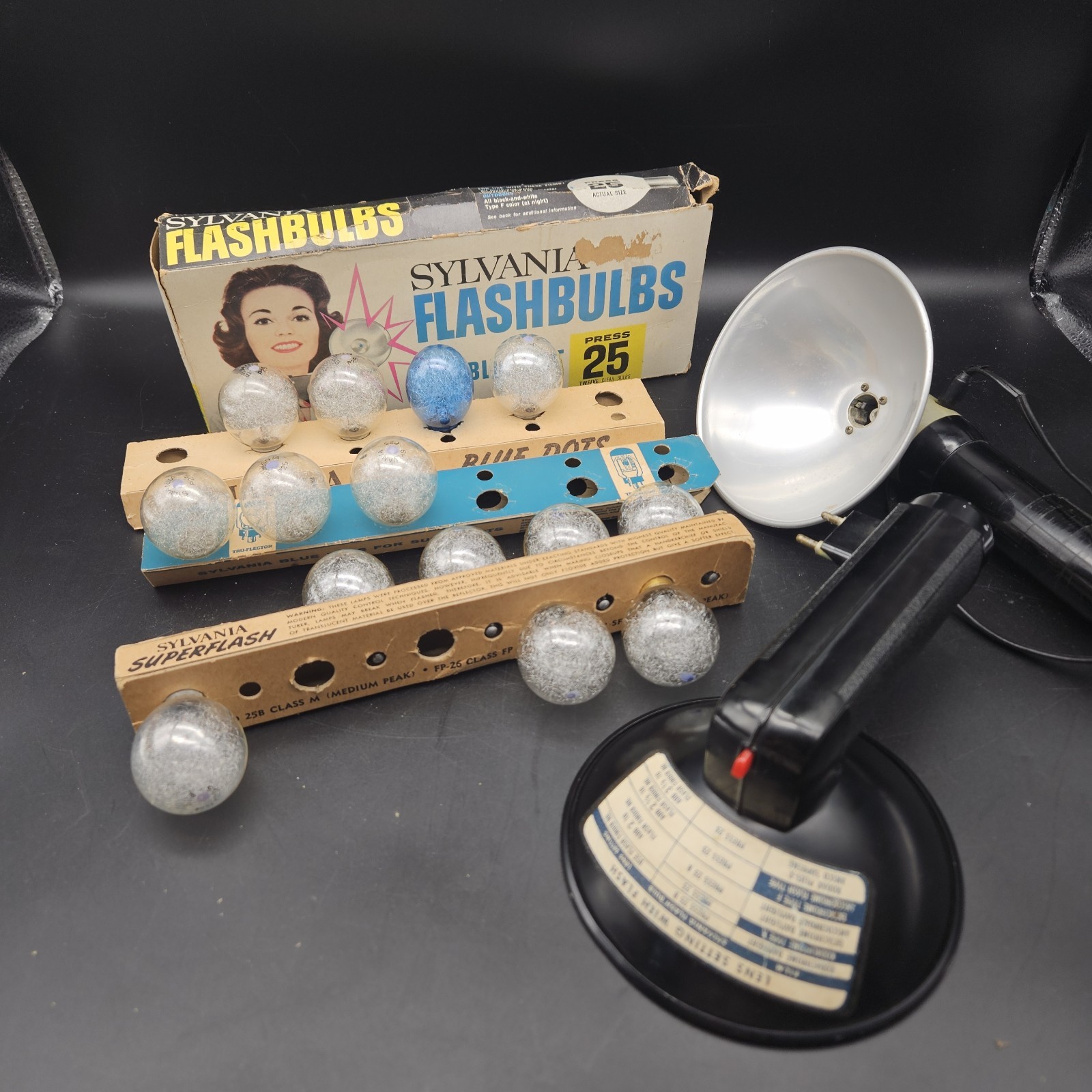 VTG Camera Photography Lot Kodak & Argus Flash Holders Sylvania Blue Dot Bulbs