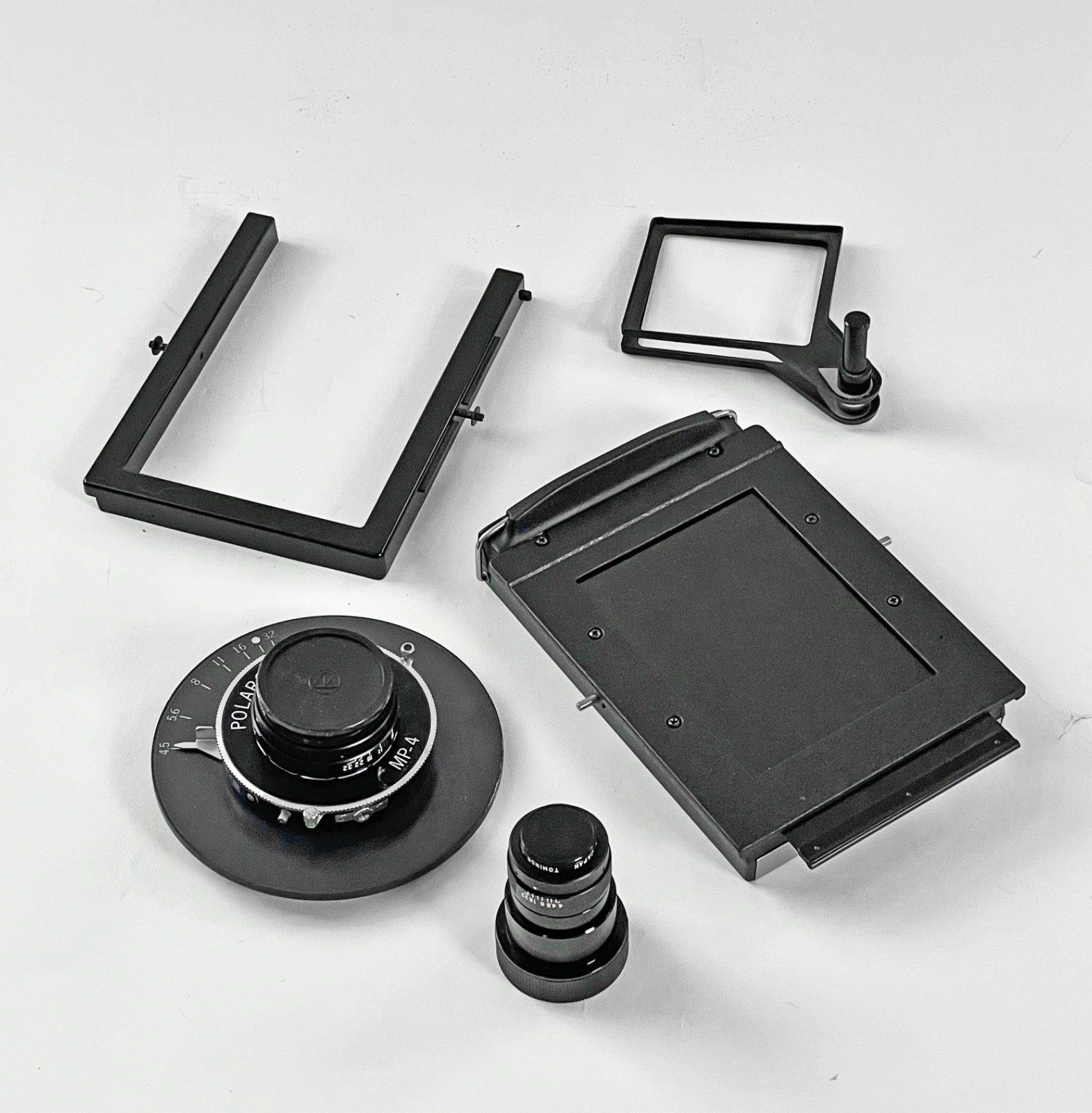 POLAROID MP-4 4X5/PACK SYSTEM: SLIDING 4X5 PLATFORM, 2 LENSES, 2 HOLDERS, MORE+
