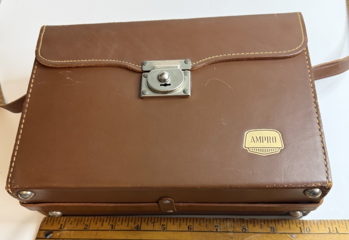 Pair Vtg Ampro & Ansco Brown Camera Hard Cases Strap Clasp Purple Red Lined