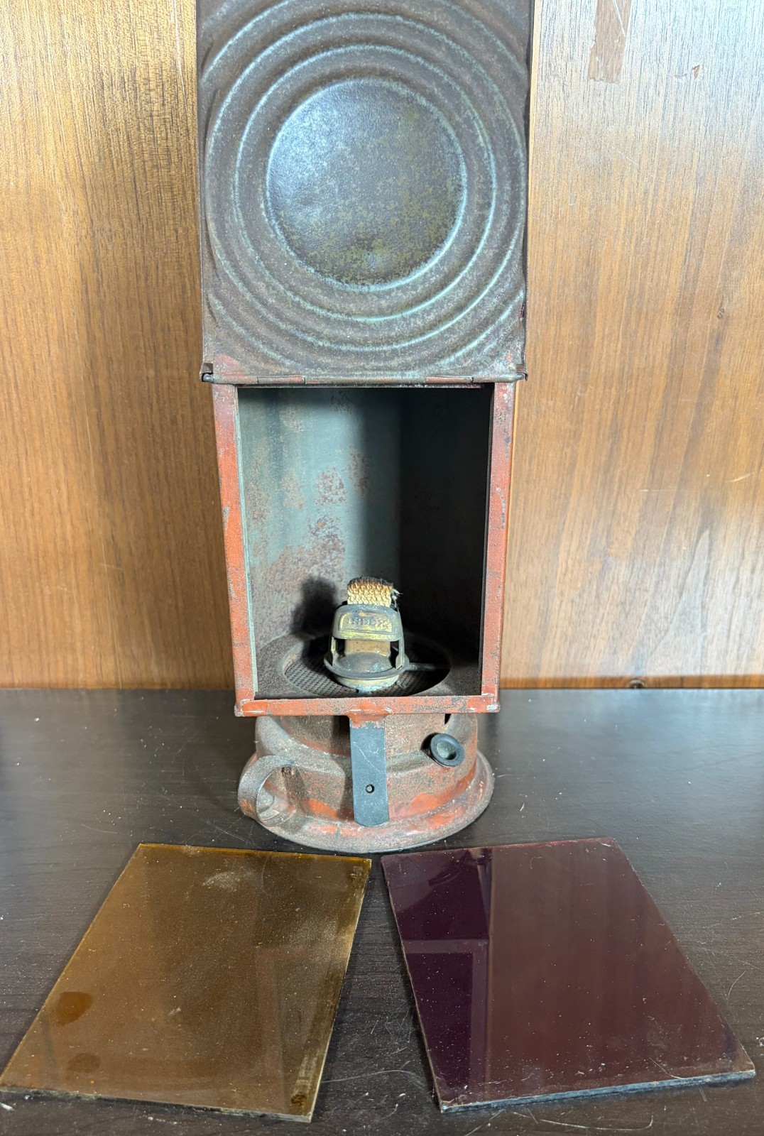 Antique Red Photography Darkroom Oil Lantern w/ Red & Amber Glass Panels RARE