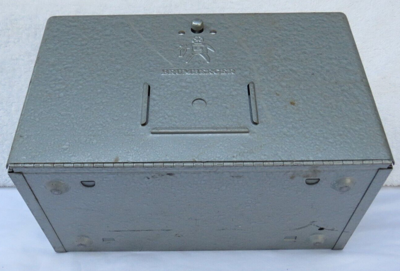 MCM Vintage Brumberger 8mm Metal Film Storage Box With 12 Slots and Paper Ad