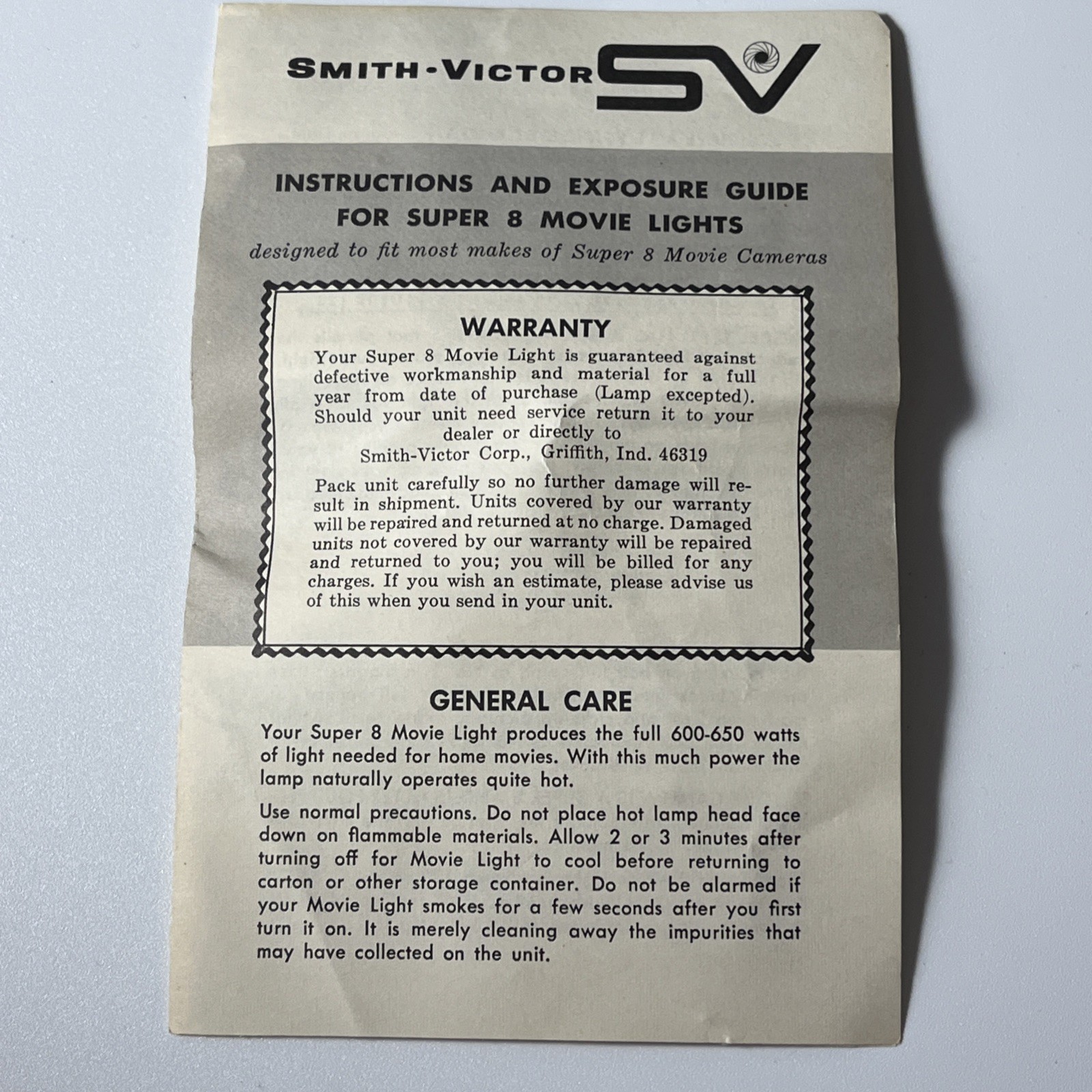 Smith-Victor Movie Light Model Q1U for Super 8 Cameras in Box Working 650 Watt