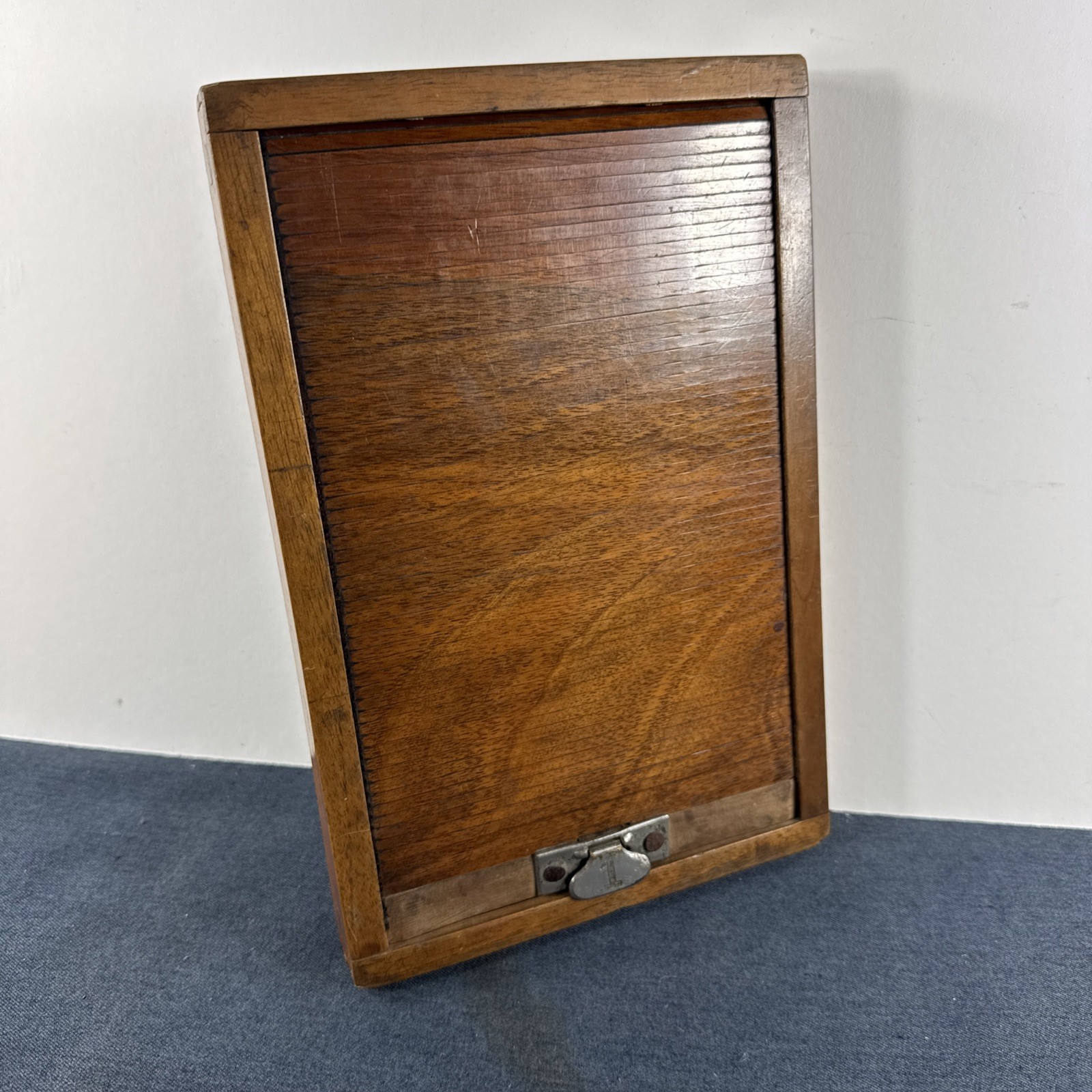 Rare Wooden 5x7in Glass Plate Double Sided Tambour Style Roller Blind Slide