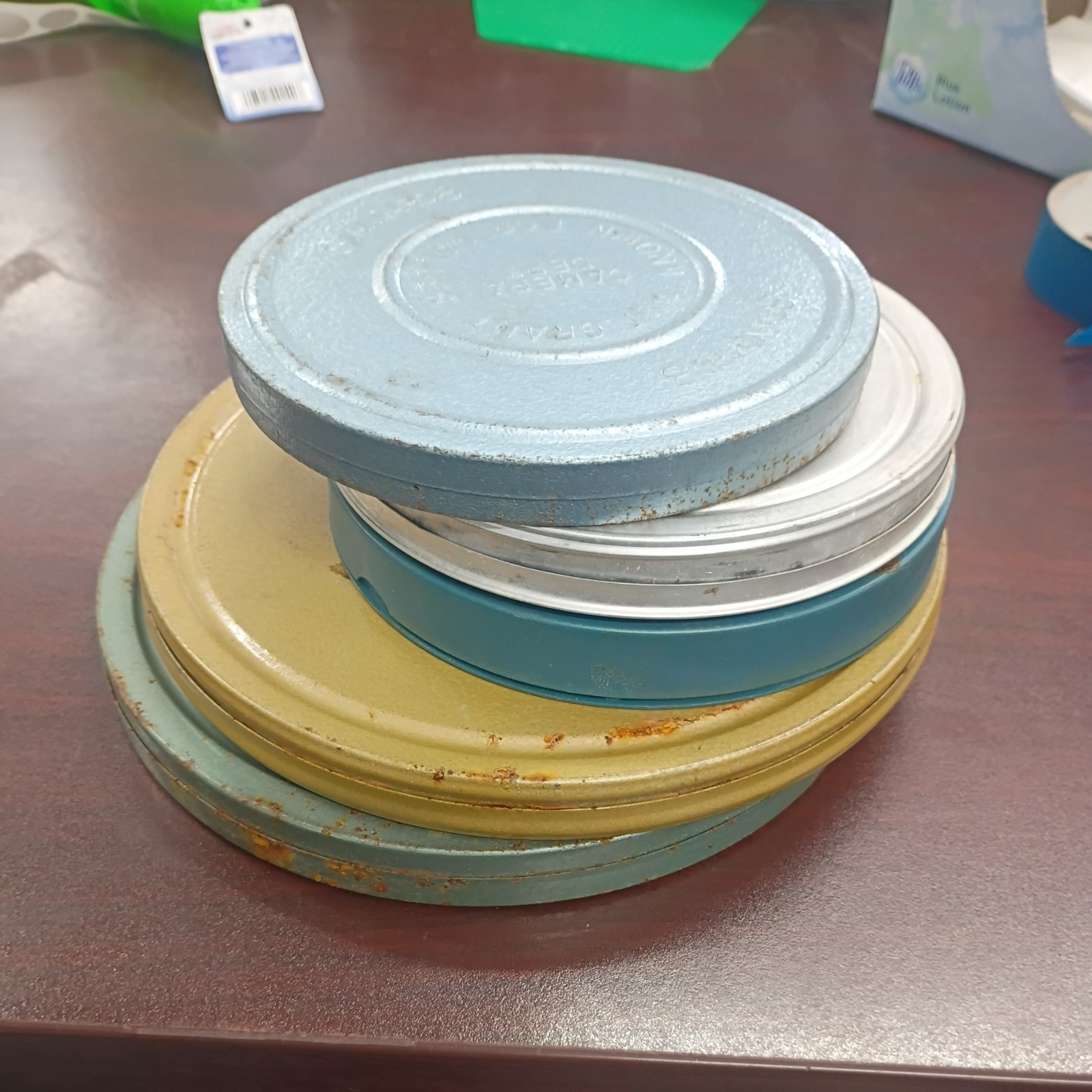 Lot 5 VTG Metal Film Reels & Canister Various Sizes Reads “unknown content”
