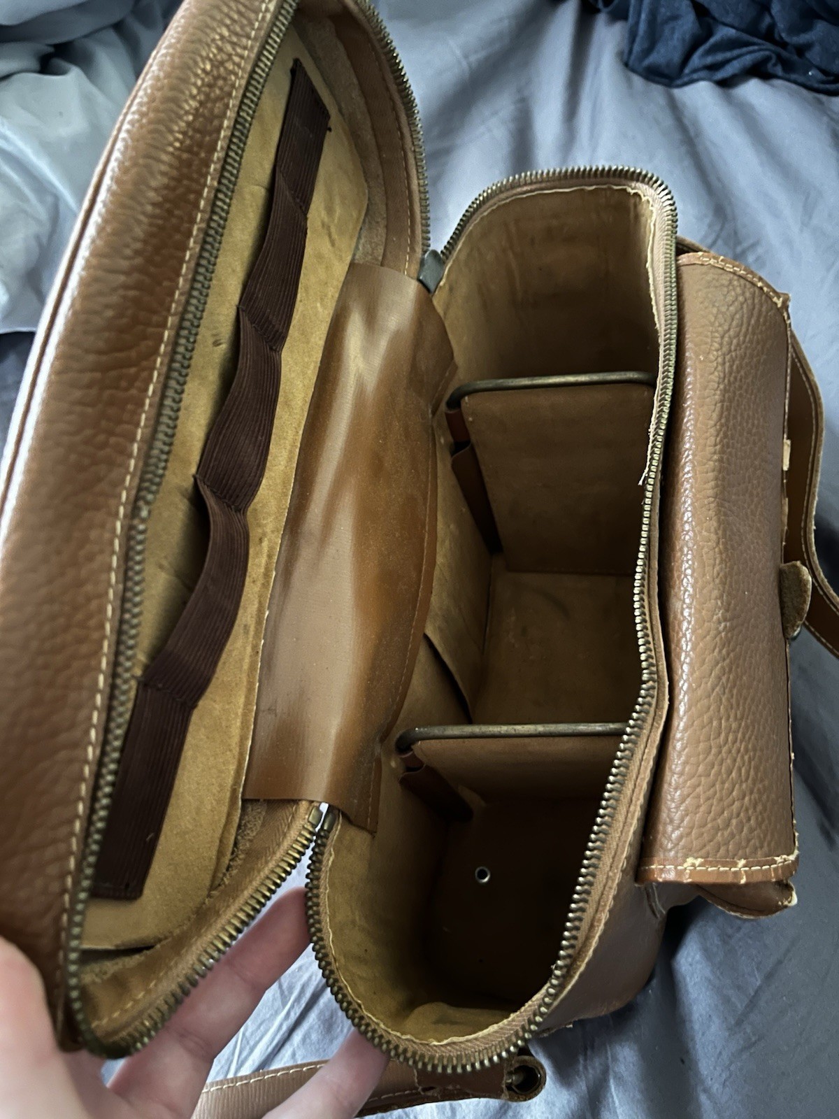 Vintage Brown Leather Camera Case with Compartments and Shoulder Strap
