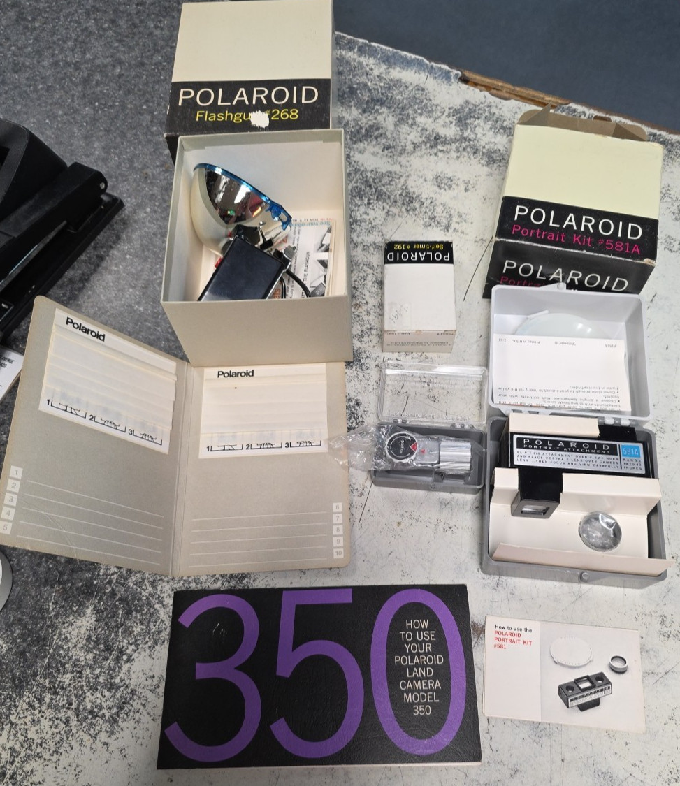 Polaroid 350 BOOK kit 581A flash 268 self timer 192 and accessory LOT No Camera