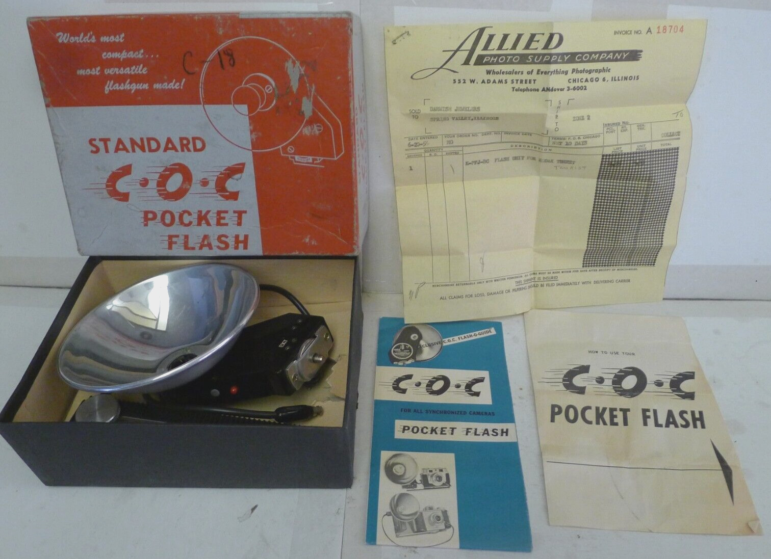 C.O.C. Standard Pocket Flash kit Model JBC with Box & Manual – Vintage