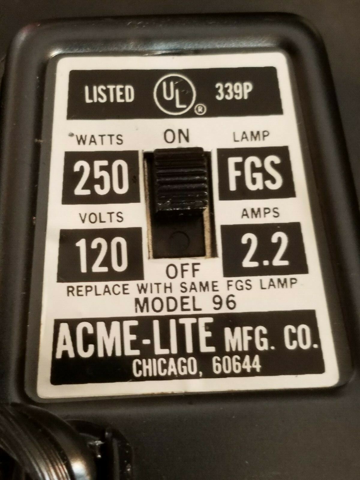 TESTED GOOD Vintage Acme-Lite Sealed Beam Movielite Model 96 250 Watts 115 Volts