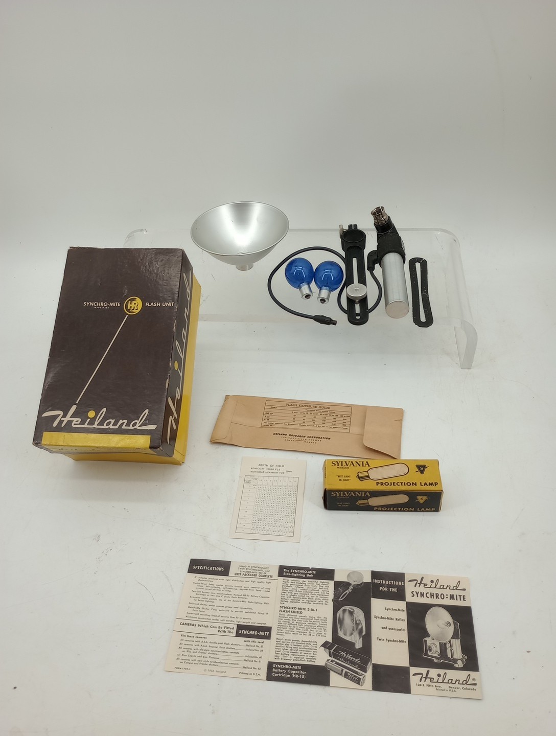 Vtg 1952 HEILAND SYNCHRO-MITE FLASH Mount Original Box & Paperwork Read Look