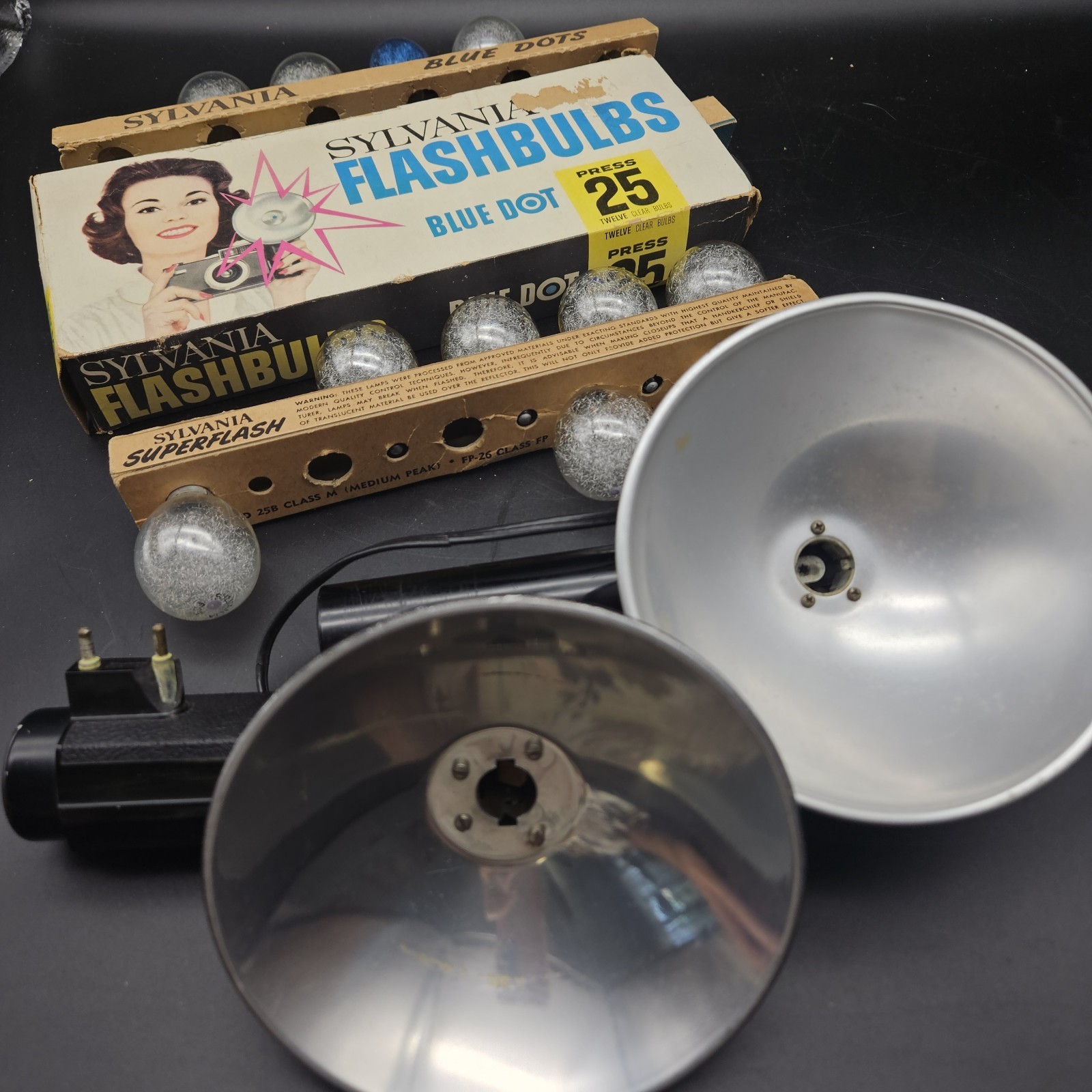 VTG Camera Photography Lot Kodak & Argus Flash Holders Sylvania Blue Dot Bulbs