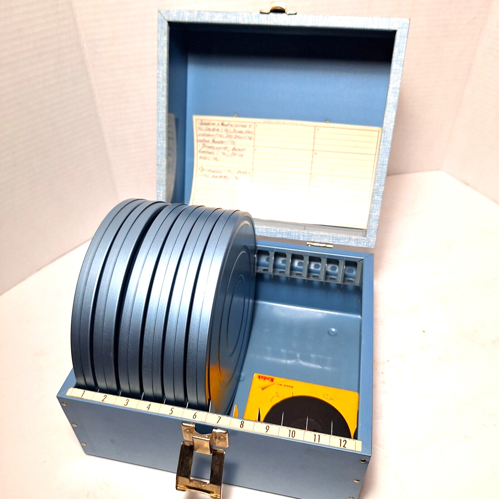8mm Film Storage Case Box with 12 Slots & 6 Metal Reel Canisters Vintage 1960s