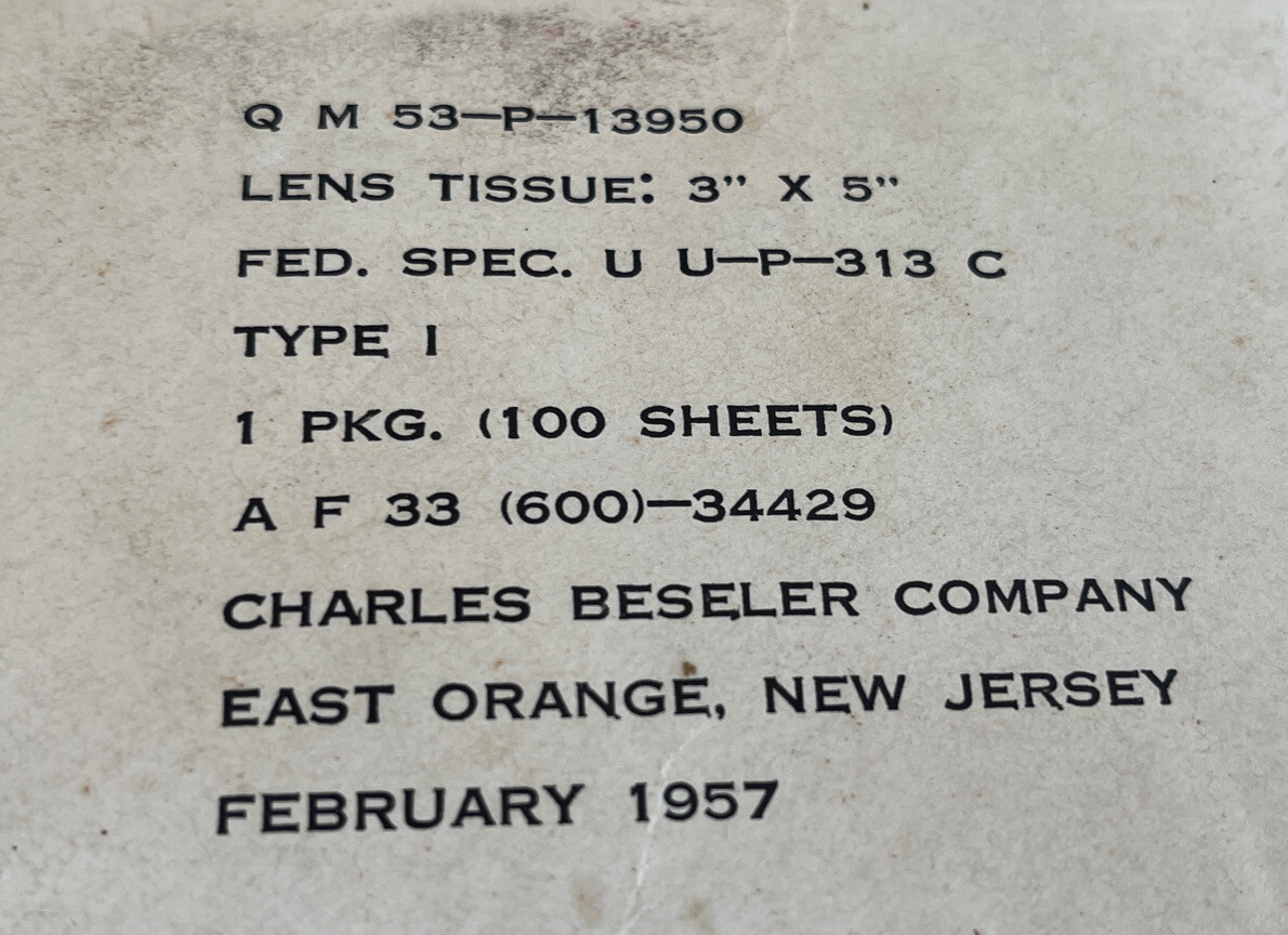 Vintage Charles Beseler Company envelope Lens Tissue Type 1 dated February 1957
