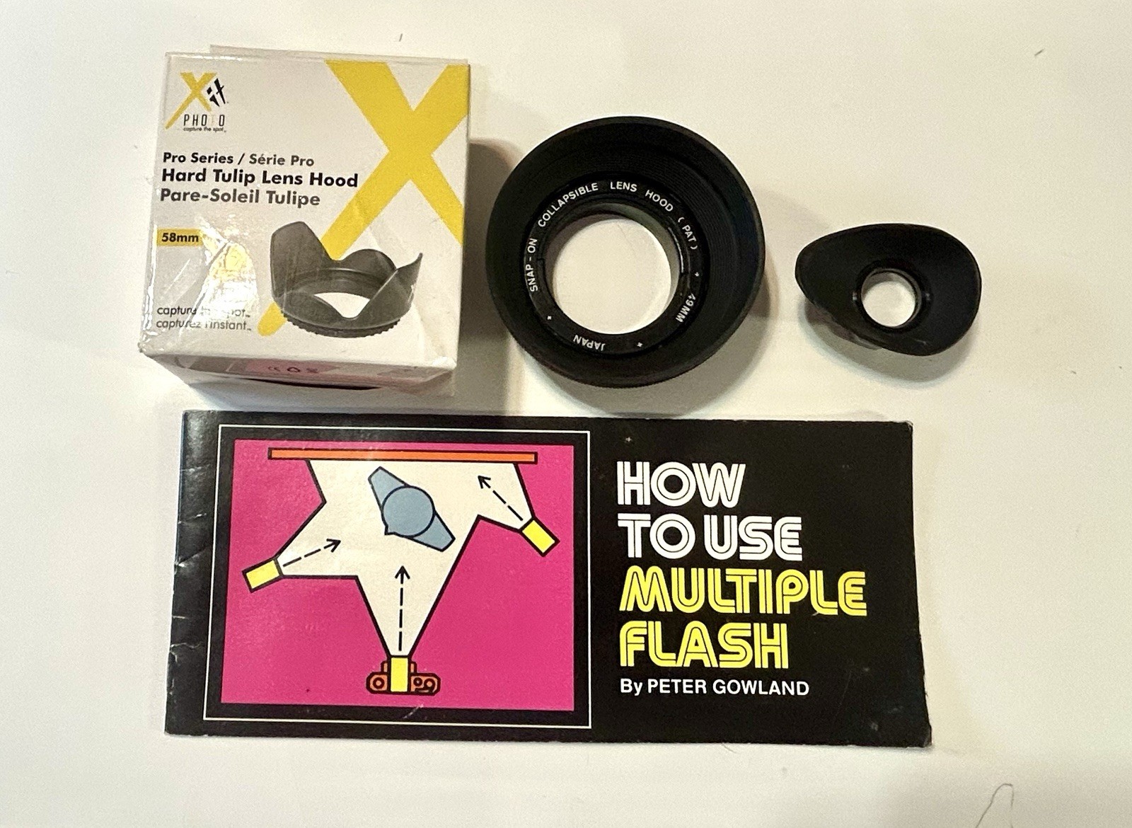 Vintage Camera Accesories – (2) Lens Hoods Eye Cup, & Flash How To Book