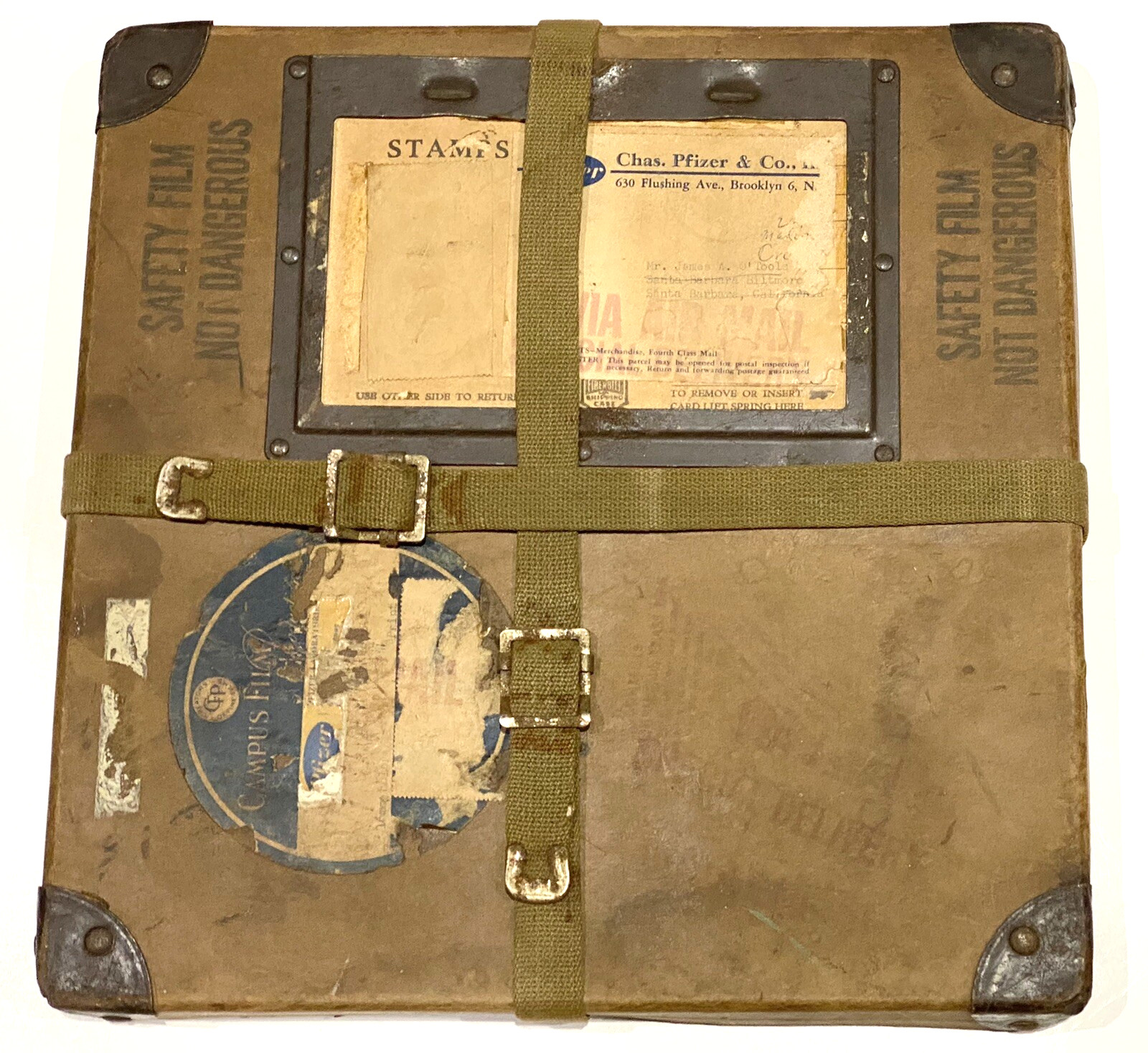 VTG PFIZER LABS FILMS Movie Reel Shipping Case Box w Straps Pharmaceutical Prop