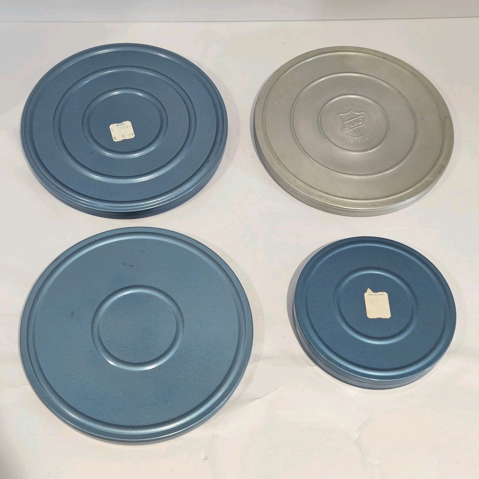 Vintage Compco Corp 8mm EMPTY Film Reels + Canisters Lot of 4 Blue Silver Metal