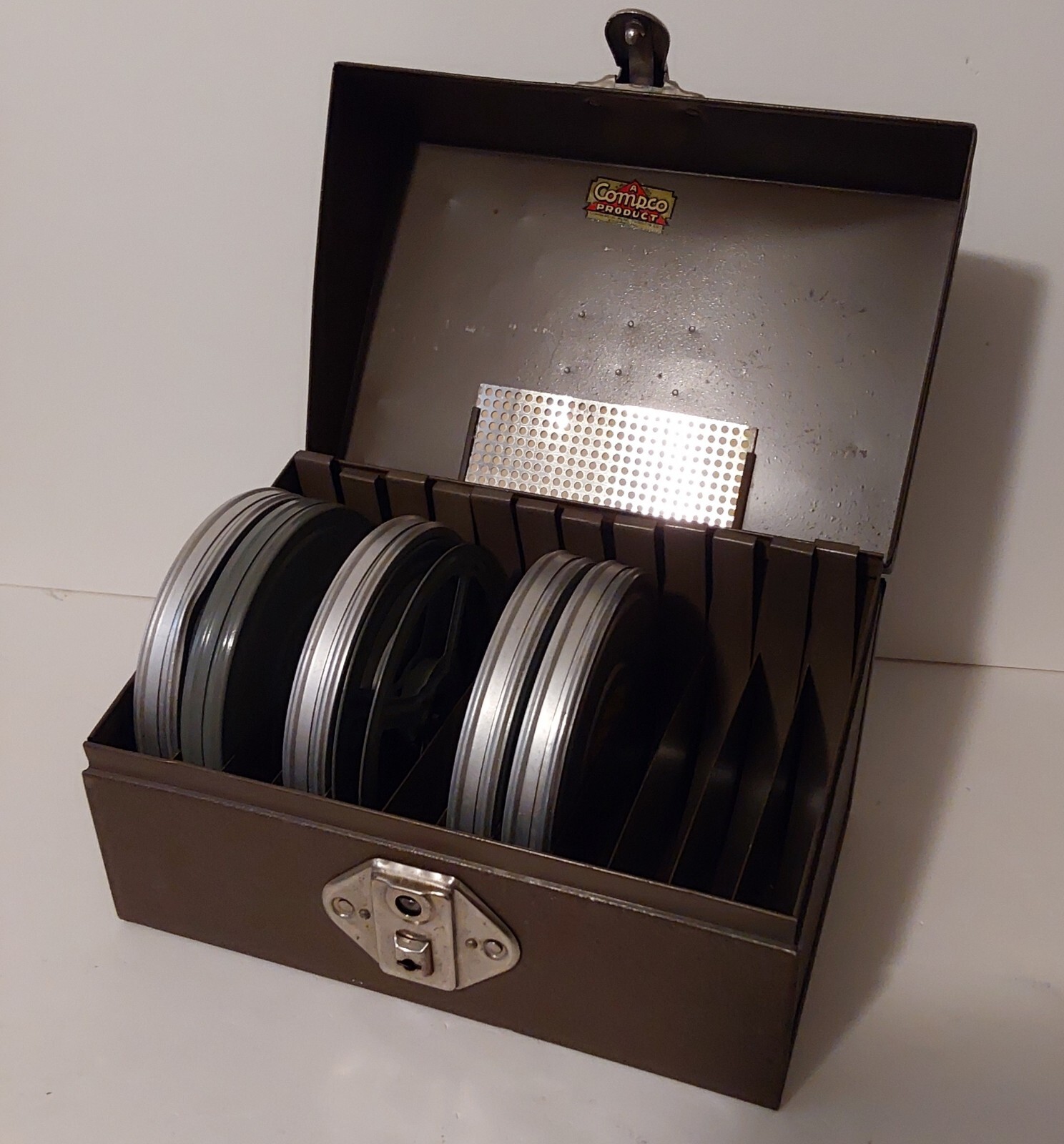 Vintage Compco Metal Film Reel Storage Box 12 Slot Storage 5 Reels/Cans Included