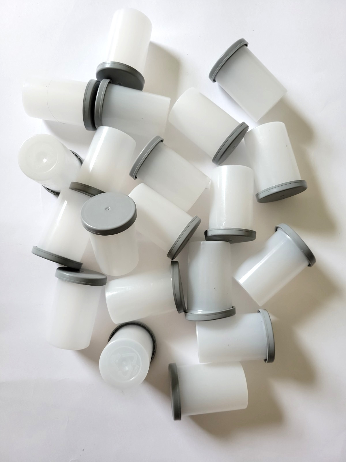 Lot Of 20 Empty Film Storage Canisters White with Grey Lid Translucent Kodak