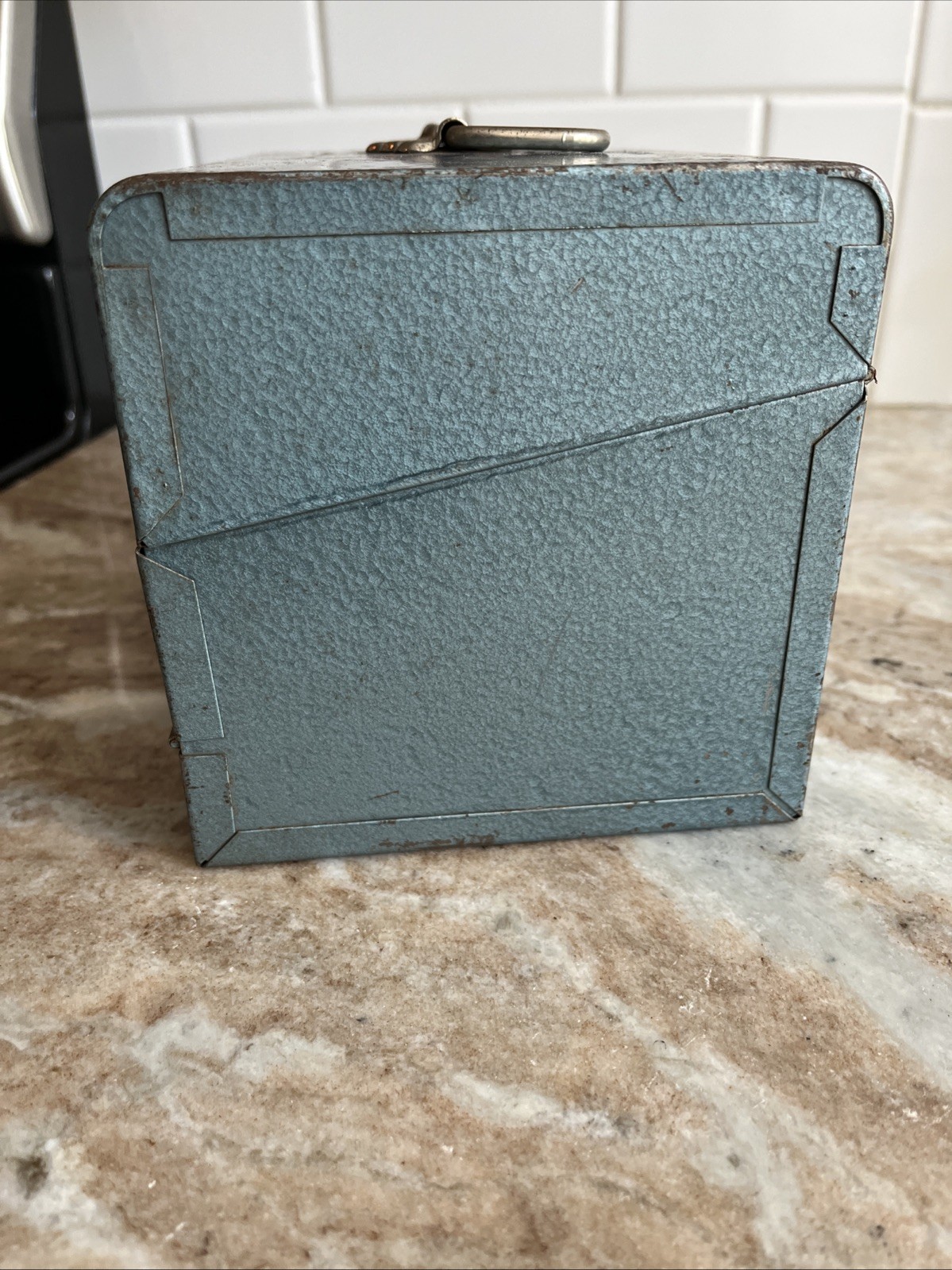 Vintage Logan De Luxe Movie Reel Chest Metal 5.5” X 7.5” Grey Blue With Handle