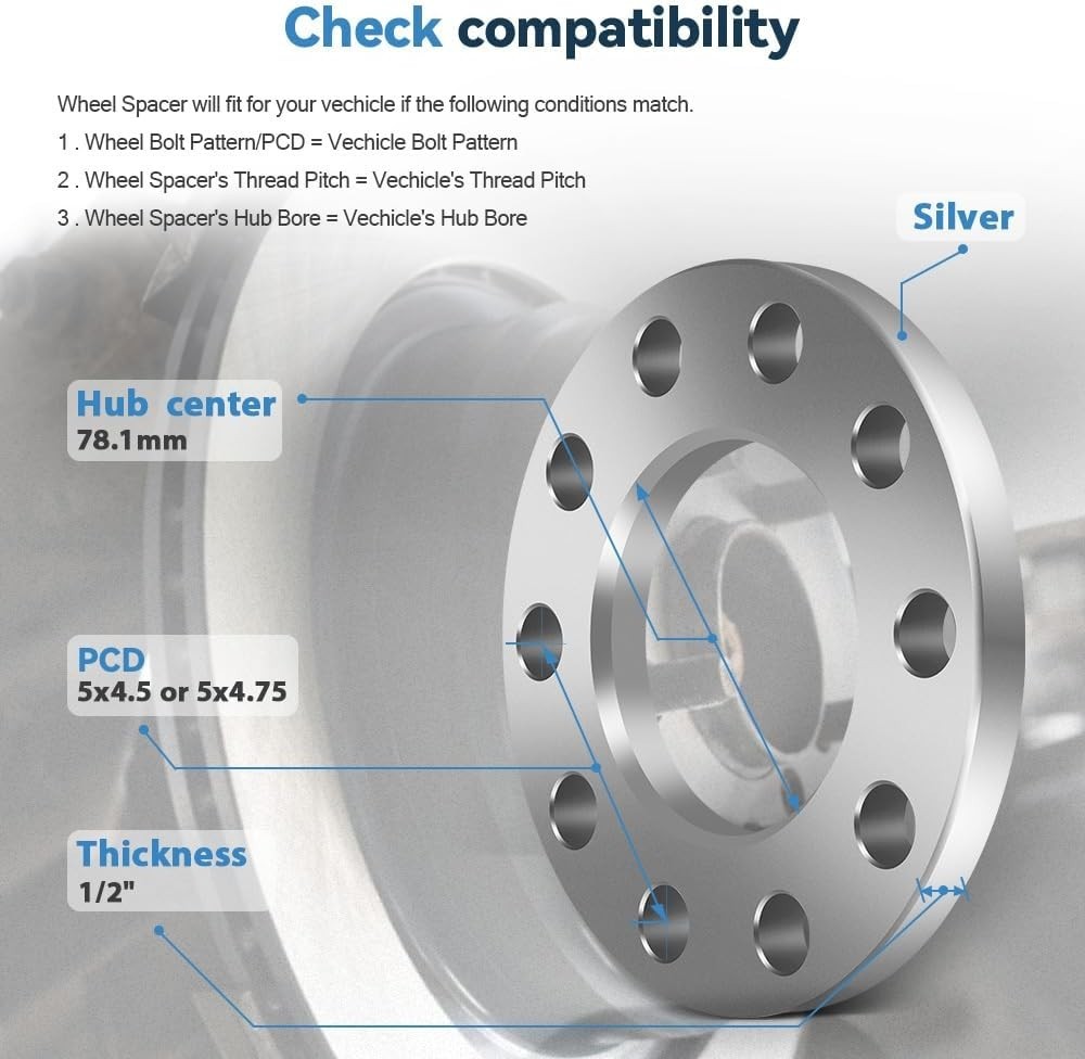 2PCS 5 Lug Wheel Spacers Adapters 1/2″ inch 12mm thickness 5×4.5 or 5×4.75