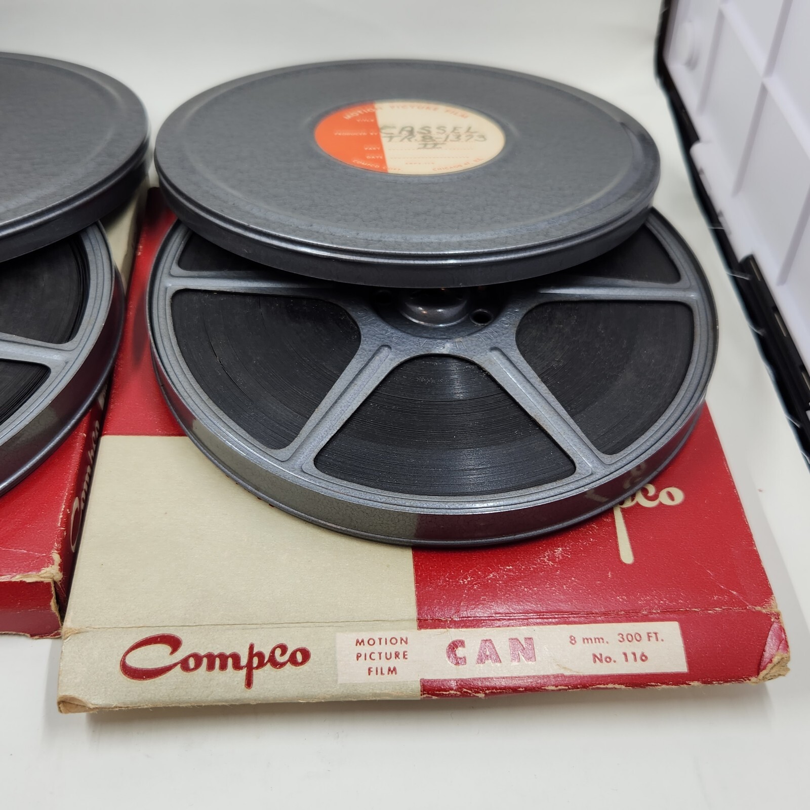 Pair of 8mm Film Reel 300ft Vintage and Tin Metal Case