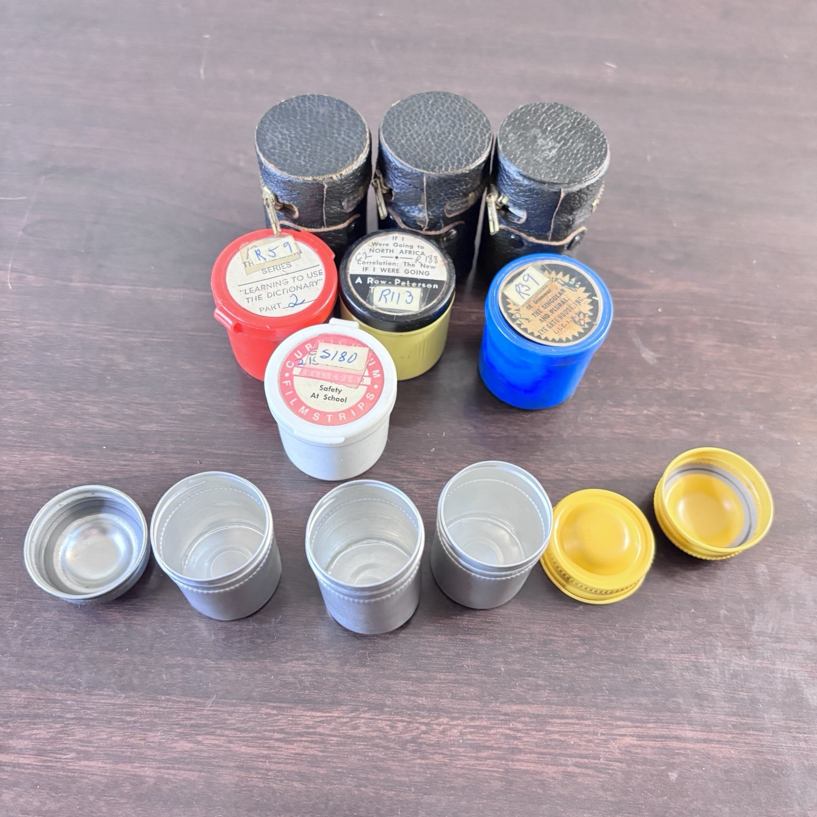 10 Vintage Metal Film Canisters Container Multi-Color Cap w/35mm Film *NOTES*