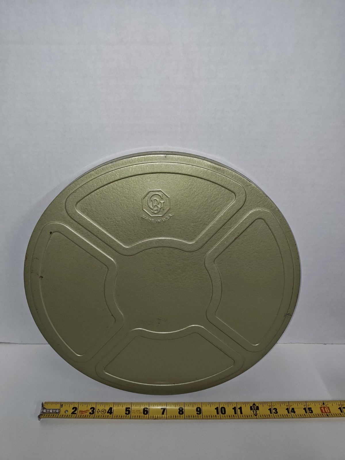 Vintage Goldberg Bros. Metal Film Reel Movie Storage Large Gold Green Canister
