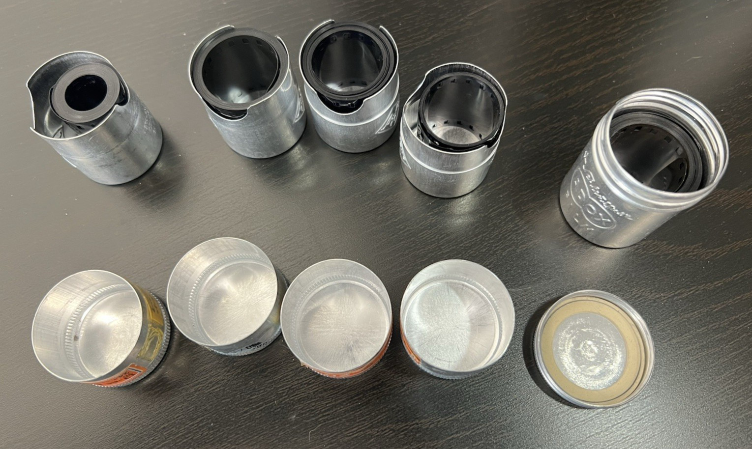 Vintage 5 aluminium 35mm film canisters ADOX and Isopan w/ Developed Film